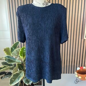 Rebecca‎ Malone L-Petite Blue Wrinkle Textured Short Sleeve Top Blouse